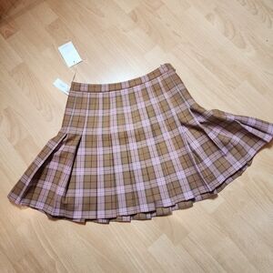 NWT Aritzia Wilfred Juliet Pleated Mini Skirt Pink Brown Plaid Women's Size 2